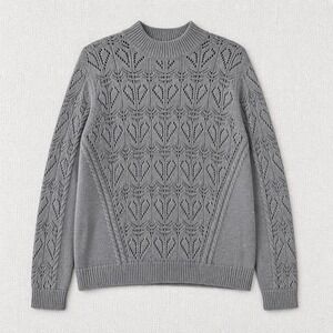 Loft Gray Pointelle Heart Knit Mock Neck Sweater XL Long Sleeve Cotton Blend